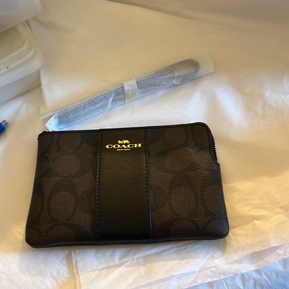 Coach Handbags - Coach Corner Zip Wristlet Signature Brown Clutch Small Logo Purse NWT